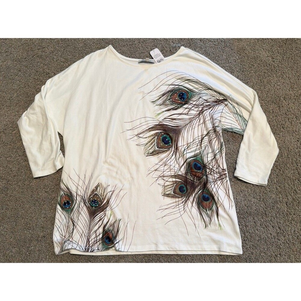 Astrologie Peacock Feather Oversized Knit Top Women's Sz L White Shirt *flaw